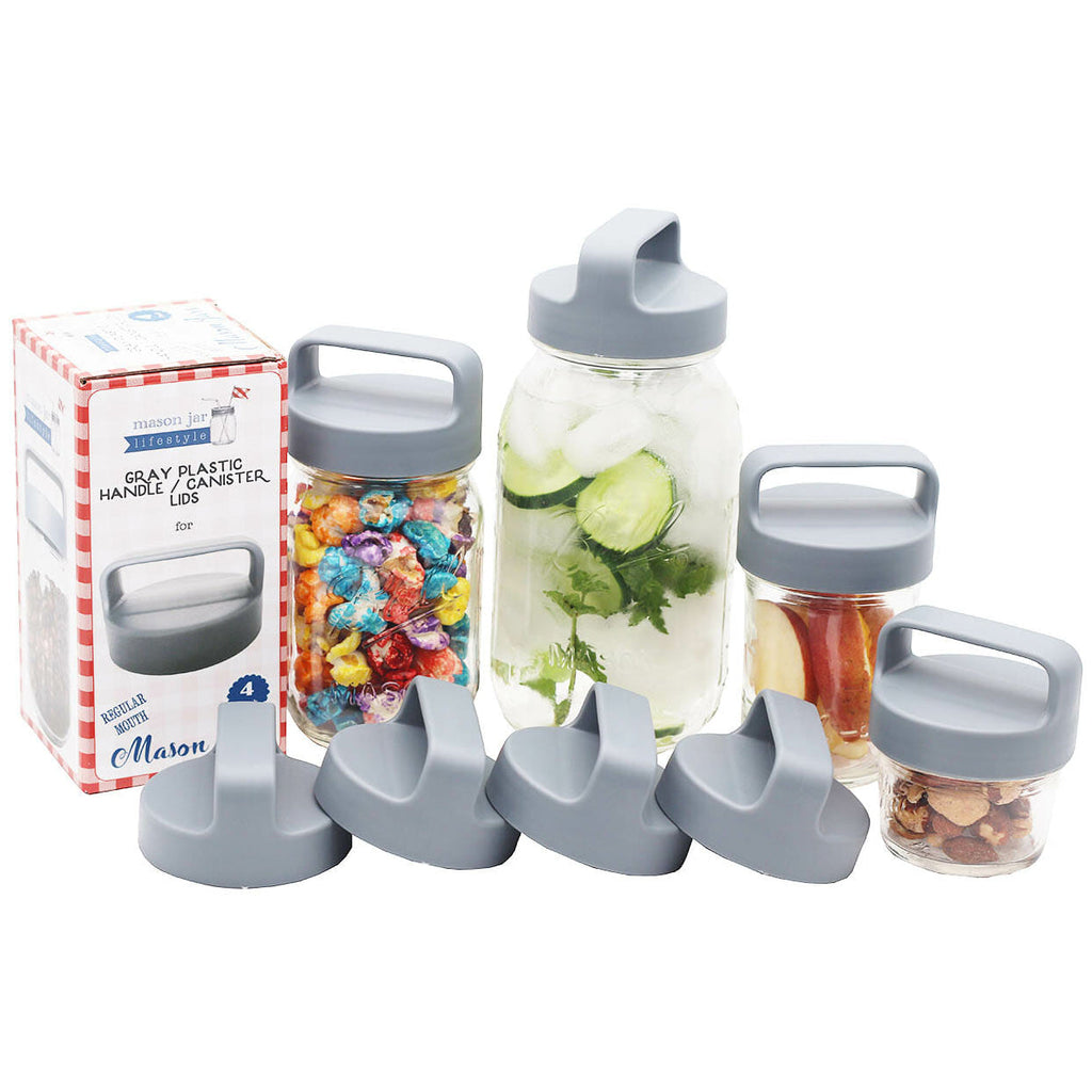 Gray Plastic Handle/Canister Lids for Regular Mouth Mason Jars 4 Pack
