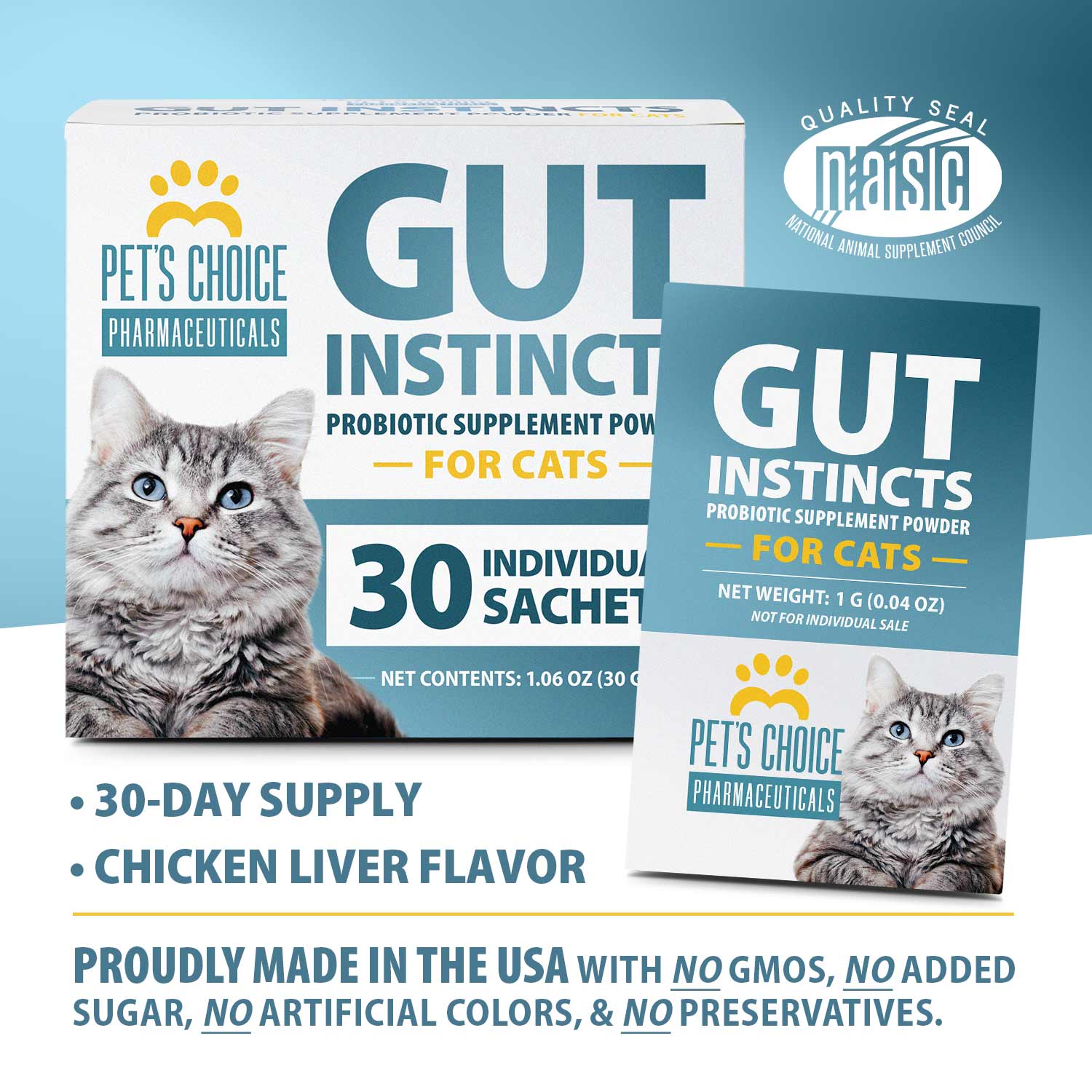 Pet’s Choice Gut Instincts Probiotic Supplement for Cats, Digestive & Immune Support, 30 Powder Packets, Made in USA