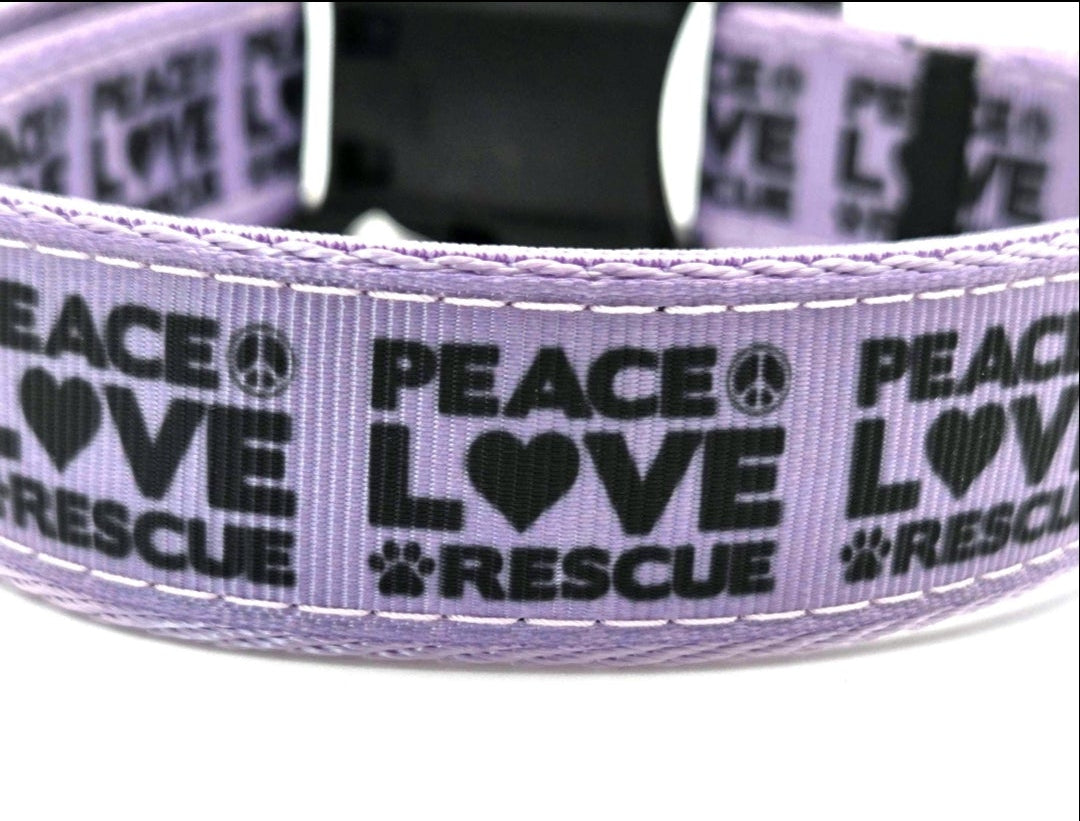 Peace Love Rescue Dog Collar | 1 Inch Wide | Adjustable 14-22 Inches | Lavender Purple Rescue Pet Gear | Shelter Advocate Gift